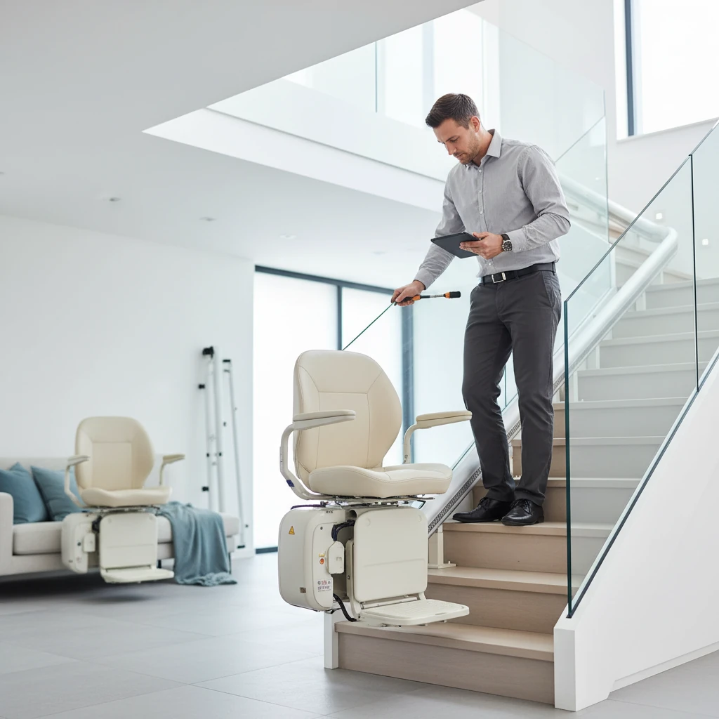 how stair lift installation works showing rail and chair setup on staircase in a residential home